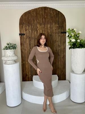 Kaşkorse Bel ve Yaka Biye Detay Kalem Elbise Vizon