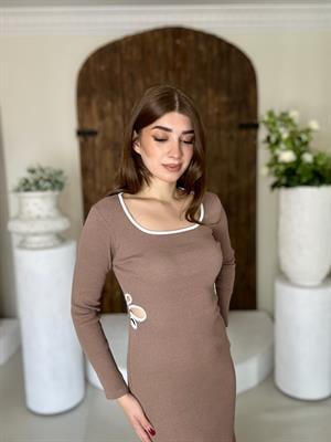 Kaşkorse Bel ve Yaka Biye Detay Kalem Elbise Vizon