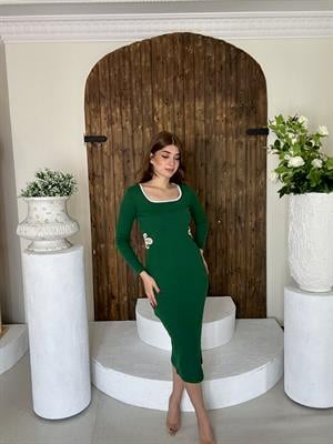 Kaşkorse Bel ve Yaka Biye Detay Kalem Elbise Yeşil