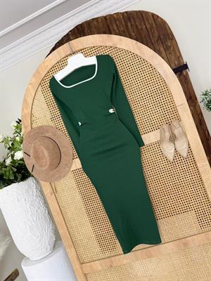 Kaşkorse Bel ve Yaka Biye Detay Kalem Elbise Yeşil