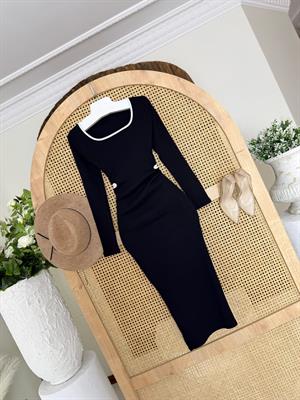 Kaşkorse Bel ve Yaka Biye Detay Kalem Elbise Siyah