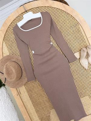 Kaşkorse Bel ve Yaka Biye Detay Kalem Elbise Vizon