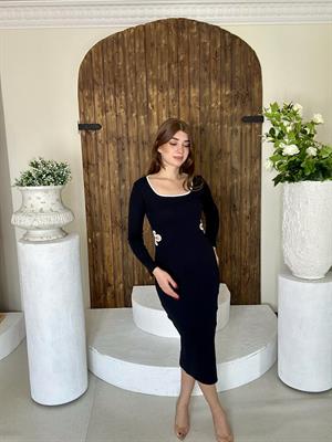 Kaşkorse Bel ve Yaka Biye Detay Kalem Elbise Siyah