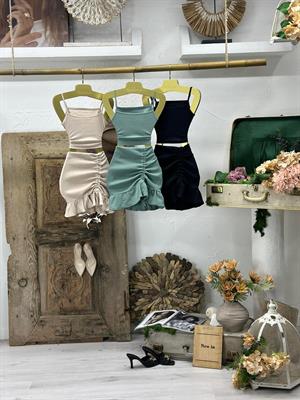 Kaşkorse Kumaş Asansör Büzgülü Etek Bluz Tasarım İkili Takım 