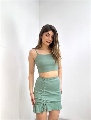 Kaşkorse Kumaş Asansör Büzgülü Etek Bluz Tasarım İkili Takım 