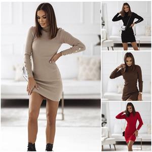 Kaşkorse Kumaş Balıkçı Yaka Omuz ve Kol Düğme Detaylı Bej Kalem Elbise