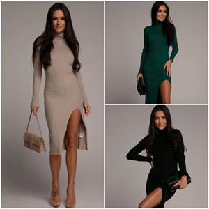 Kaşkorse Kumaş Balıkçı Yaka Yan Yırtmaçlı Midi Boy  Bej Kalem  Elbise