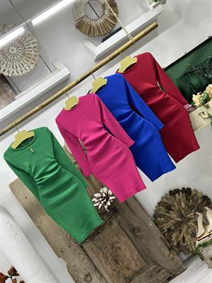 Kaşkorse Kumaş Basic Yuvarlak Yaka Uzun Kollu Kalem Saks Elbise