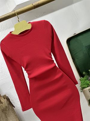 Kaşkorse Kumaş Basic Yuvarlak Yaka Uzun Kollu Kalem Kırmızı Elbise