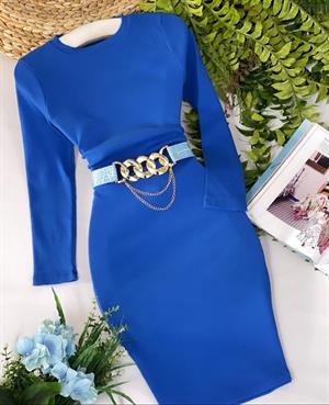 Kaşkorse Kumaş Basic Yuvarlak Yaka Uzun Kollu Kalem Saks Elbise