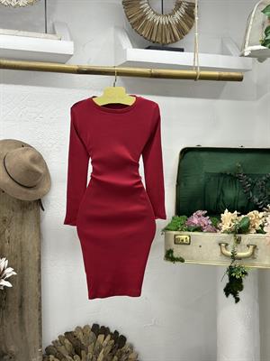 Kaşkorse Kumaş Basic Yuvarlak Yaka Uzun Kollu Kalem Kırmızı Elbise