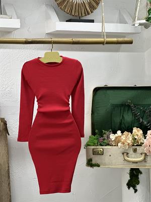 Kaşkorse Kumaş Basic Yuvarlak Yaka Uzun Kollu Kalem Kırmızı Elbise