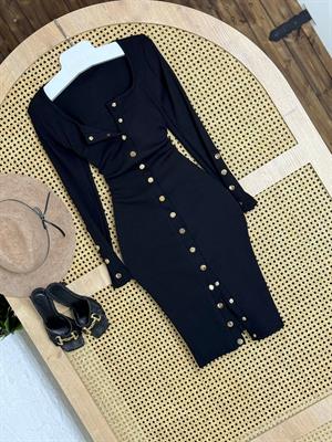 Kaşkorse Kumaş Çıtçıtlı Kalem Elbisemiz Siyah