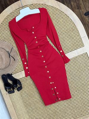 Kaşkorse Kumaş Çıtçıtlı Kalem Elbisemiz Kırmızı