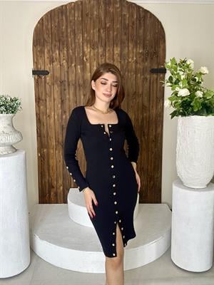 Kaşkorse Kumaş Çıtçıtlı Kalem Elbisemiz Siyah