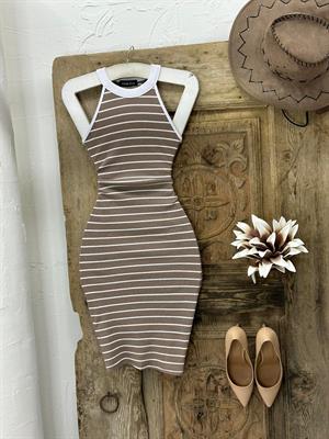 Kaşkorse Kumaş Çizgi Desen Halter Yaka Elbise