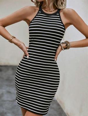 Kaşkorse Kumaş Çizgi Desen Halter Yaka Elbise