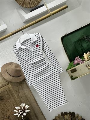 Kaşkorse Kumaş Çizgi Desen Kalp Nakışlı Polo Yaka Uzun Kollu Beyaz Elbise