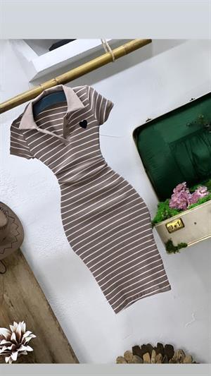 Kaşkorse Kumaş Çizgi Desen Kalp Nakışlı Polo Yaka Elbise