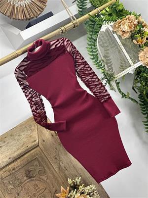 Kaşkorse Kumaş Flog Tül Detaylı Siyah Kalem Elbise