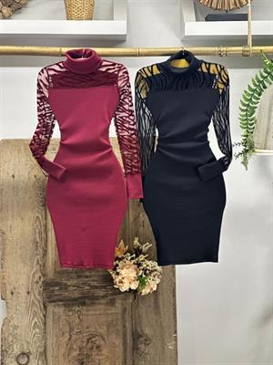 Kaşkorse Kumaş Flog Tül Detaylı Siyah Kalem Elbise