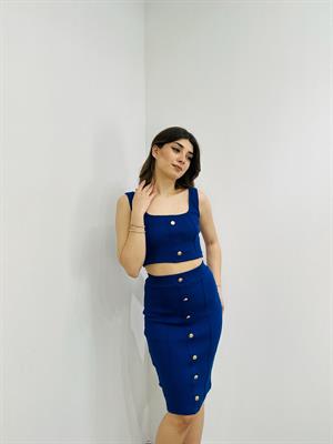 Kaşkorse Kumaş Gold Düğmeli Etek Crop İkili Takım Saks