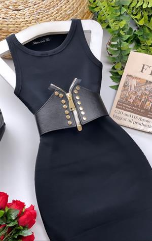 Kaşkorse Kumaş Halter Yaka Basic Kalem Elbise