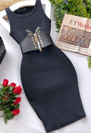 Kaşkorse Kumaş Halter Yaka Basic Kalem Elbise