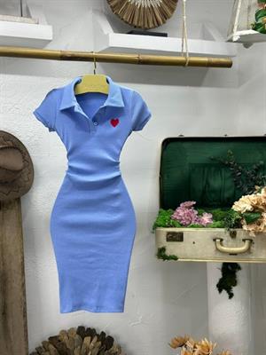 Kaşkorse Kumaş Kalp Nakışlı Polo Yaka Elbise