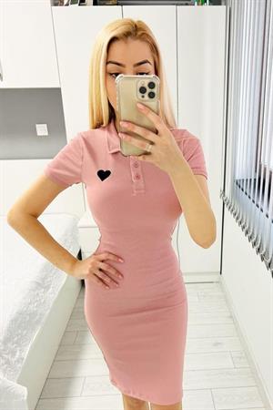 Kaşkorse Kumaş Kalp Nakışlı Polo Yaka Elbise