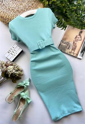 Kaşkorse Kumaş Kaplama Kemerli Kısa Kollu  Kalem Elbise 