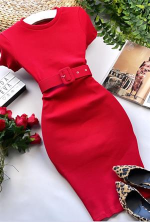 Kaşkorse Kumaş Kaplama Kemerli Kısa Kollu  Kalem Elbise 