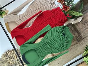 Kaşkorse Kumaş Kare Yaka Önü Çift Büzgülü Elbise