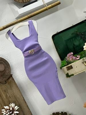 Kaşkorse Kumaş Kare Yaka Yan Yırtmaçlı Elbise