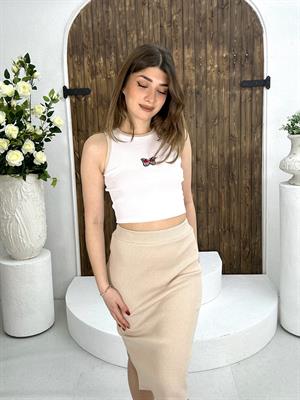 Kaşkorse Kumaş Kelebek Nakışlı Etek Crop İkili Takım 