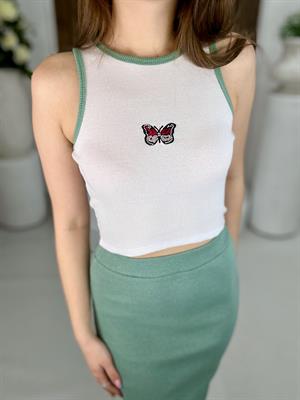 Kaşkorse Kumaş Kelebek Nakışlı Etek Crop İkili Takım 