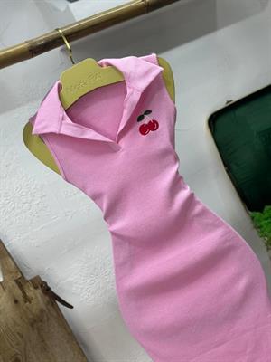 Kaşkorse Kumaş Kiraz Nakışlı Polo Yaka Elbise