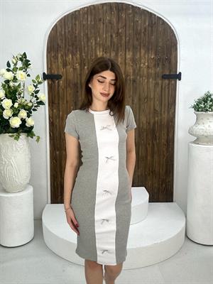 Kaşkorse Kumaş Kurdela Detay Kalem Elbisemiz Gri