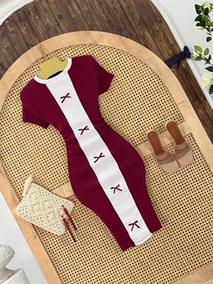 Kaşkorse Kumaş Kurdela Detay Kalem Elbisemiz Bordo