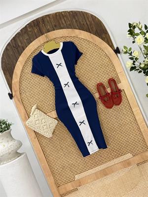 Kaşkorse Kumaş Kurdela Detay Kalem Elbisemiz Lacivert