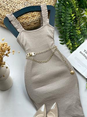 Kaşkorse Kumaş Omuz Fırfırlı Elbise