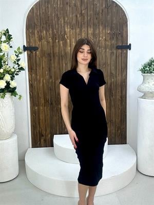 Kaşkorse Kumaş Polo Yaka Midi Boy Elbise Siyah