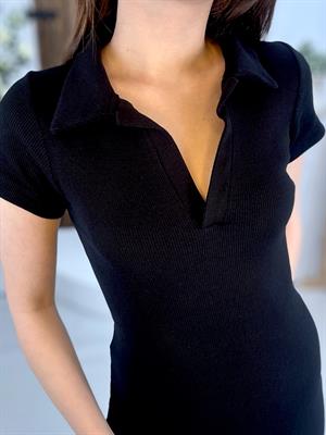 Kaşkorse Kumaş Polo Yaka Midi Boy Elbise Siyah