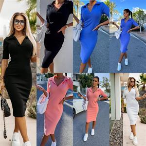 Kaşkorse Kumaş Polo Yaka Midi Boy Elbise Siyah