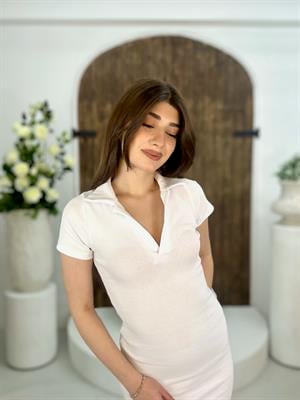 Kaşkorse Kumaş Polo Yaka Midi Boy Elbise Beyaz