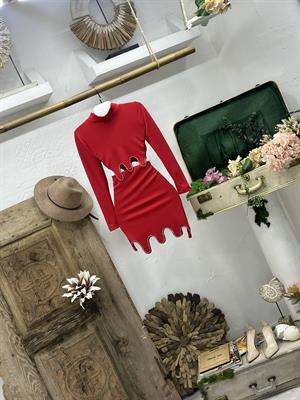 Kaşkorse Kumaş Taş Detay Bluz Kırmızı Etekli İkili Takım 