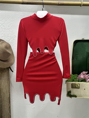 Kaşkorse Kumaş Taş Detay Bluz Kırmızı Etekli İkili Takım 