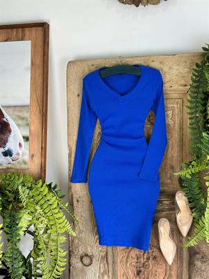 Kaşkorse Kumaş V Yaka Uzun Kollu Basic  Saks Elbise