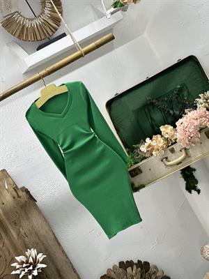 Kaşkorse Kumaş V Yaka Uzun Kollu Basic Yeşil Elbise