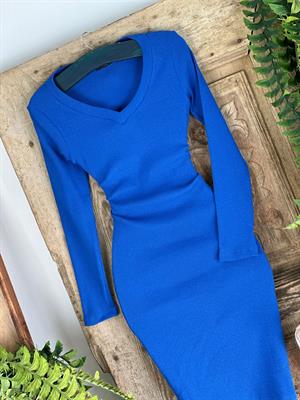 Kaşkorse Kumaş V Yaka Uzun Kollu Basic  Saks Elbise